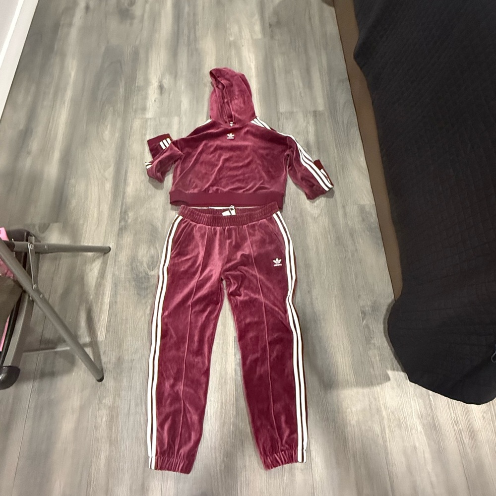 Adidas Maroon Velour Tracksuit with White Stripes